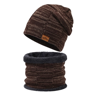 Winter mixed-color knit beanie and neck gaiter set with warm fleece lining in dark brown