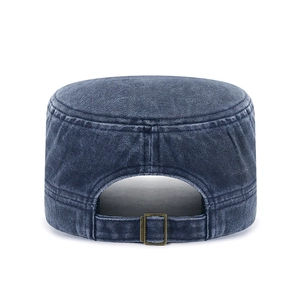 Classic washed blue denim cadet cap with adjustable metal bronze buckle on white background