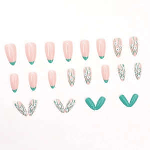 Fresh light green floral almond press-on nails with white flower and wave patterns