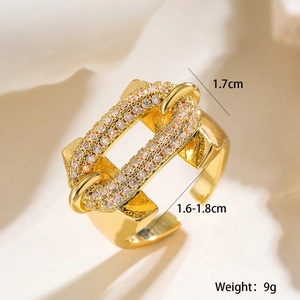 Macro shot of 18K gold plated chain link ring with white zircon pave setting and size specs