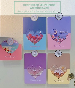 Artistic oil painting greeting cards with heart-shaped cutout and floral textured patterns