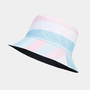 Detail of the triple-color striped pattern and stitching on a reversible bucket hat