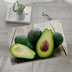 Flat lay of rectangular avocado print flannel rug on a modern light gray wood floor