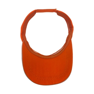Detail of orange sun visor showing reinforced stitching and adjustable velcro strap