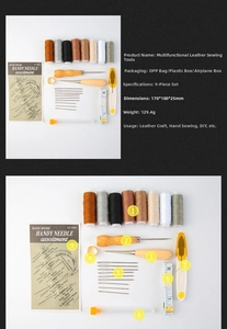 Detailed 9-piece leather sewing tool set with needles, thread spools, awl and thimble