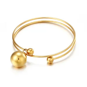 Stainless Steel Double Layer Bangle For Women With Polished Large Ball Pendant And Small Beads Minimalist Open Bracelet