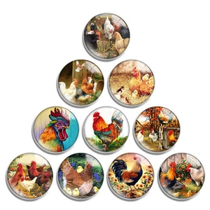 Detailed macro view of 10 glass cabochons featuring various colorful rooster designs