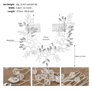 Detailed dimensions of bridal rhinestone hair vine with double combs and leaf motif