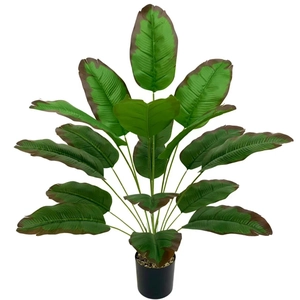 Artificial bird of paradise plant with 18 large green leaves in a minimalist black pot