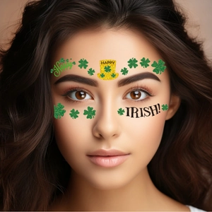 St. Patrick's Day face tattoos featuring green shamrocks and Irish glitter hat stickers