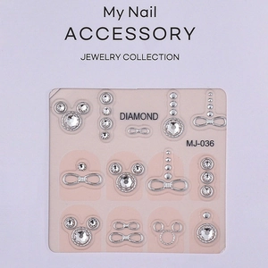 MJ-036 crystal cat paw nail stickers with purple rhinestones and silver metal bows