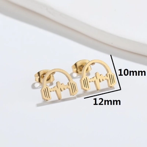 Golden stainless steel headphone earrings with heartbeat line design 12mm x 10mm
