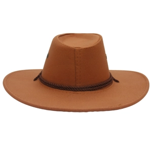 Detail of brown felt cowboy hat featuring woven leather band and metal ventilation eyelets