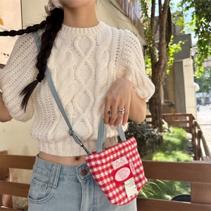 Close-up of red and white plaid tote bag featuring a cherry patch and blue denim strap