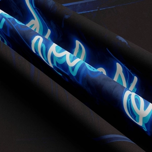 Close-up detail of soft black fabric with blue and white fluid neon art typography