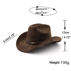 Detail of dark brown faux suede cowboy hat with braided band and rhino metal buckle