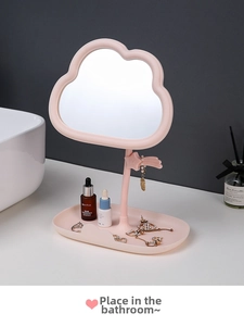Pink cloud makeup mirror with palm jewelry hooks and storage base for vanity organization