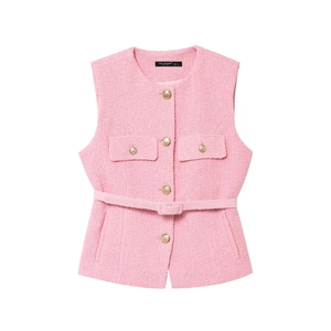 Women Pink Tweed Vest Sleeveless Round Neck Top Gold Buttons Belted Vintage Elegant Retro Chic Fashion Waistcoat For Ladies