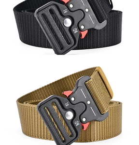 Detail of heavy duty cobra buckles on black and tan nylon tactical belts with 12kN rating