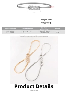 Macro detail of elastic metal waist chain with twist buckle for women dresses