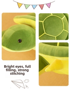 Detail of plush turtle toy showing bright eyes, soft fabric, and sturdy stitching