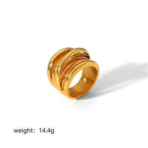 Detail view of 18k gold plated stainless steel multi-layer wrap ring weighing 14.4g
