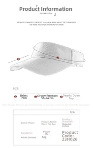 Detailed size specifications for white sun visor featuring 7cm brim and adjustable band