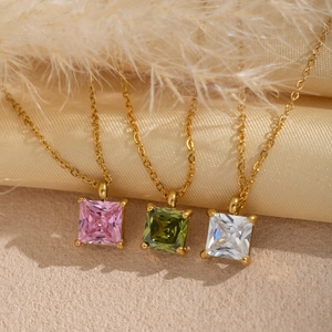 Elegant gold titanium steel necklace with square pink green white zircon pendants