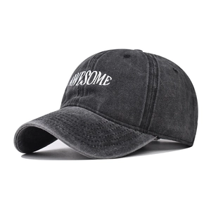 Washed cotton baseball cap with embroidered Awesome text in vintage dark grey finish