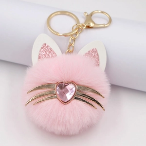 Cute Cat Head Plush Keychain Faux Fur With Heart Rhinestone Golden Metal Whiskers Bag Charm Pendant Accessory