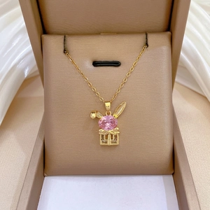 Rabbit Gift Box Pendant Necklace Stainless Steel Chain Copper Pink Zircon Cute Elegant Jewelry For Women Girls
