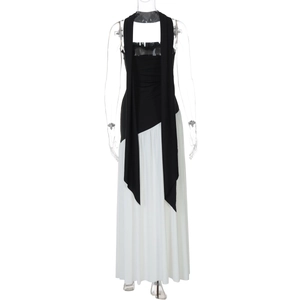 Elegant black and white strapless maxi dress with a sophisticated draped shawl detail
