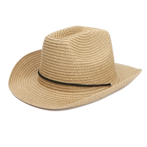 Classic straw western cowboy hat in light brown with wide brim and black woven band