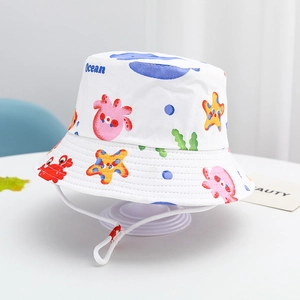 Kids cotton bucket hat with colorful ocean animal prints and adjustable windproof strap