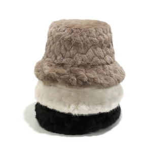 Faux Mink Fur Bucket Hat Wave Pattern Thick Winter Warm Windproof Casual Outdoor Retro Unisex Solid Color Plush