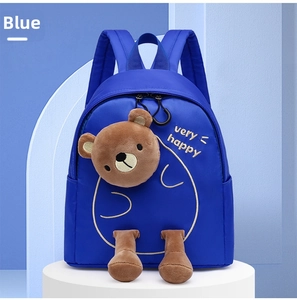 Close-up of blue children backpack featuring a 3D plush bear and very happy embroidery