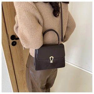 Detail of a dark brown crossbody bag with glossy texture and gold metal lock closure