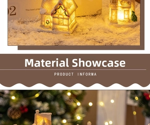 Detail of Christmas resin miniature houses with glowing warm LED lights and artificial snow