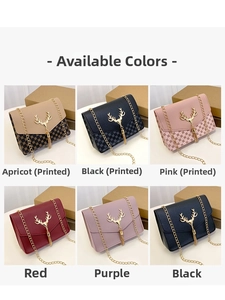 Detailed grid showing deer head tassel hardware on chain cross-body bags in six colors