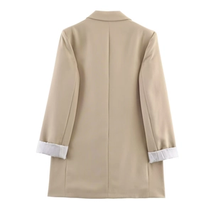 Back view of beige blazer for women featuring striped cuffs and long sleeves on white background