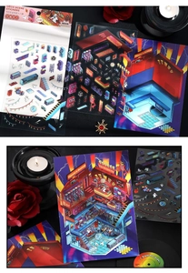 Detailed 2.5D retro game console and DJ booth themed decorative PET stickers for scrapbooking