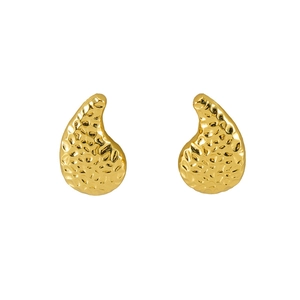 Golden irregular teardrop stud earrings with hammered metal texture for women