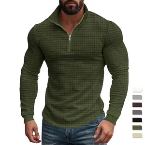 Men's slim-fit waffle textured sweatshirt with half-zip stand collar in army green
