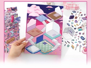 Macro detail of oversized DIY isometric room stickers for creative scrapbooking crafts