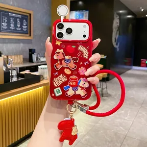 Red Fortune Horse iPhone case with silicone wrist strap and traditional lucky charms