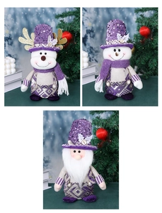 Detailed view of purple sequined Santa and reindeer gnomes for Christmas decor