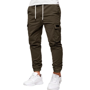 Men's slim fit cargo pants in dark olive green with multi-pockets and drawstring cuffs