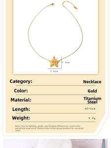 Detailed size parameters of gold star pendant necklace in brushed titanium steel