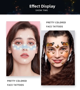 Detail of waterproof temporary face tattoos with white daisies and yellow butterfly designs