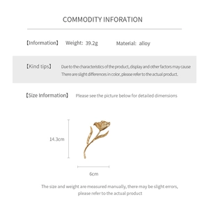 Detailed size specifications of the gold tulip brooch made of polished alloy metal